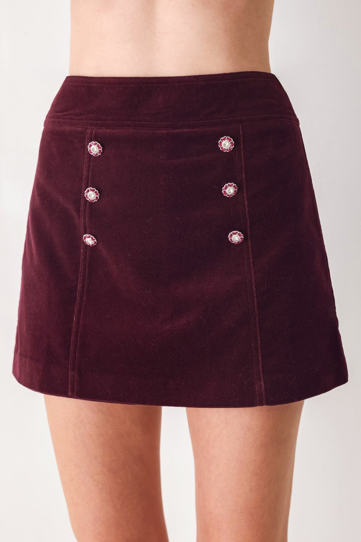 Bordeaux Velvet Burgundy Button-Detail Skort
