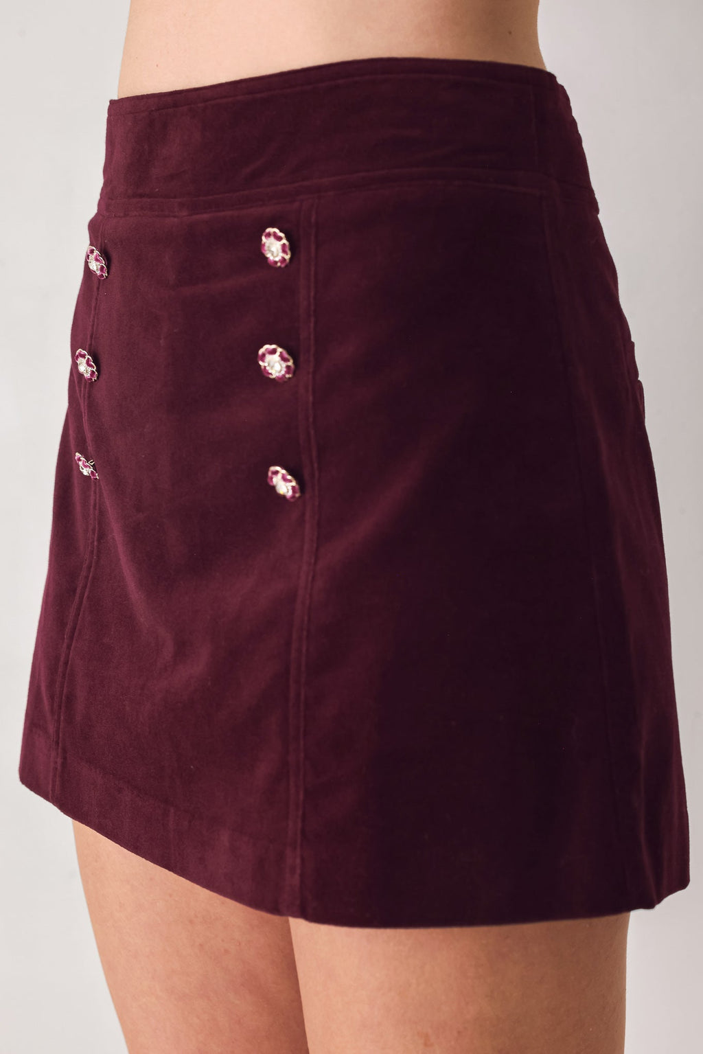 Bordeaux Velvet Burgundy Button-Detail Skort