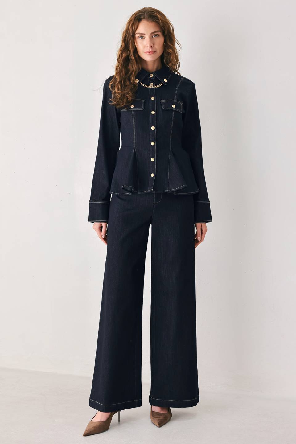 Indigo Icon Dark Indigo Button-Detail Wide-Leg Jeans