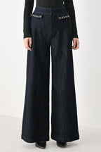 After Hours Indigo Chain-Trim Wide-Leg Jeans