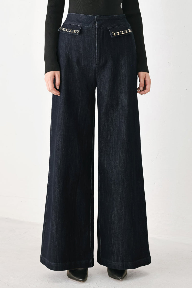 After Hours Indigo Chain-Trim Wide-Leg Jeans