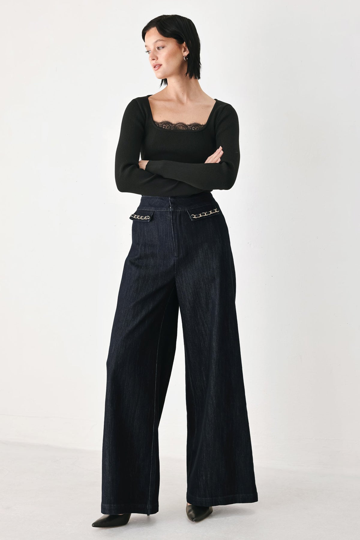 After Hours Indigo Chain-Trim Wide-Leg Jeans
