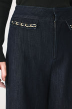 After Hours Indigo Chain-Trim Wide-Leg Jeans