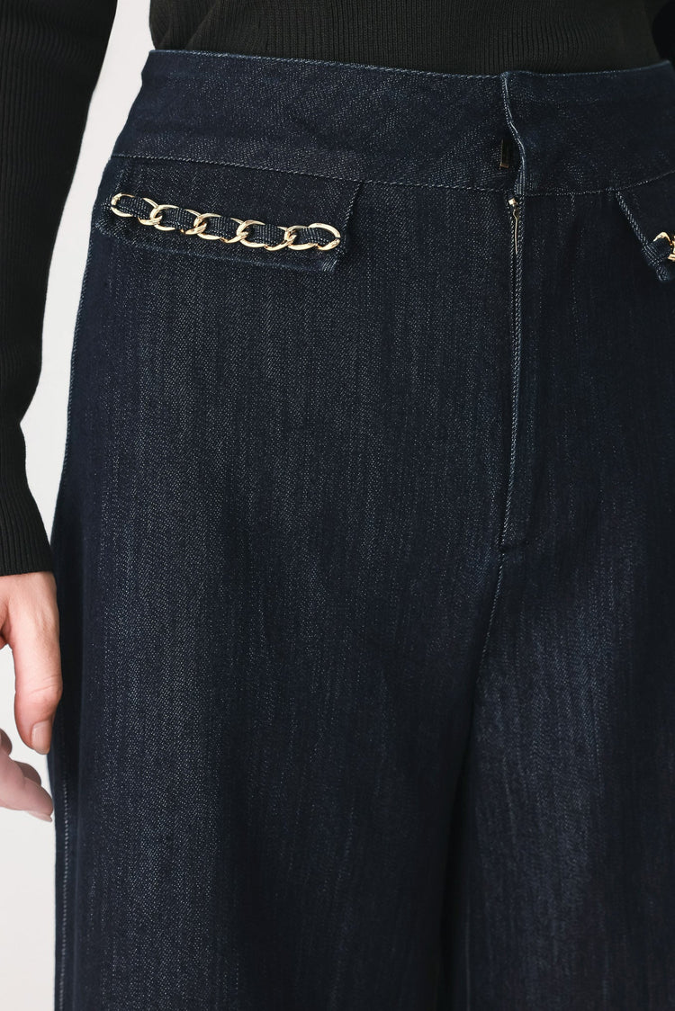 After Hours Indigo Chain-Trim Wide-Leg Jeans