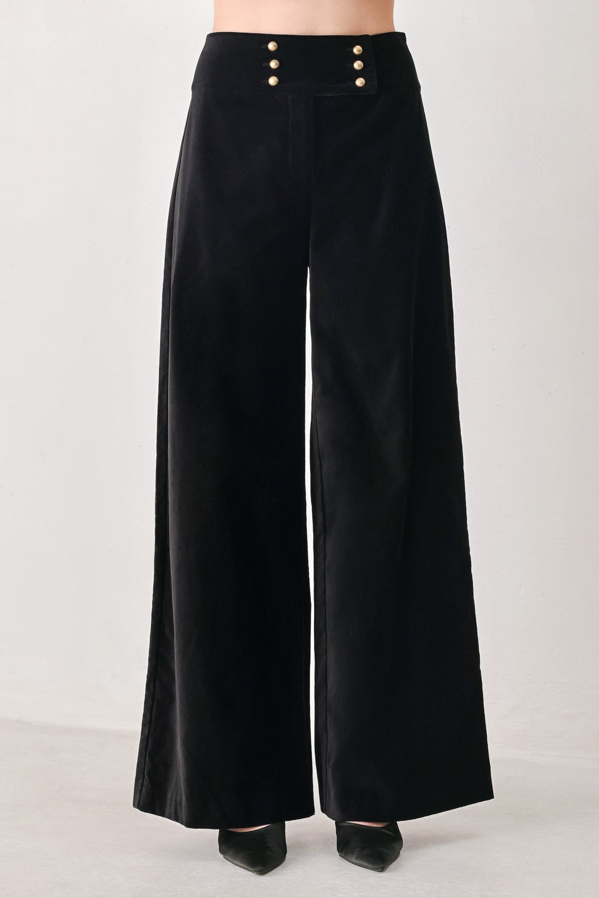 Velvet Command Black Button-Waist Wide-Leg Pants