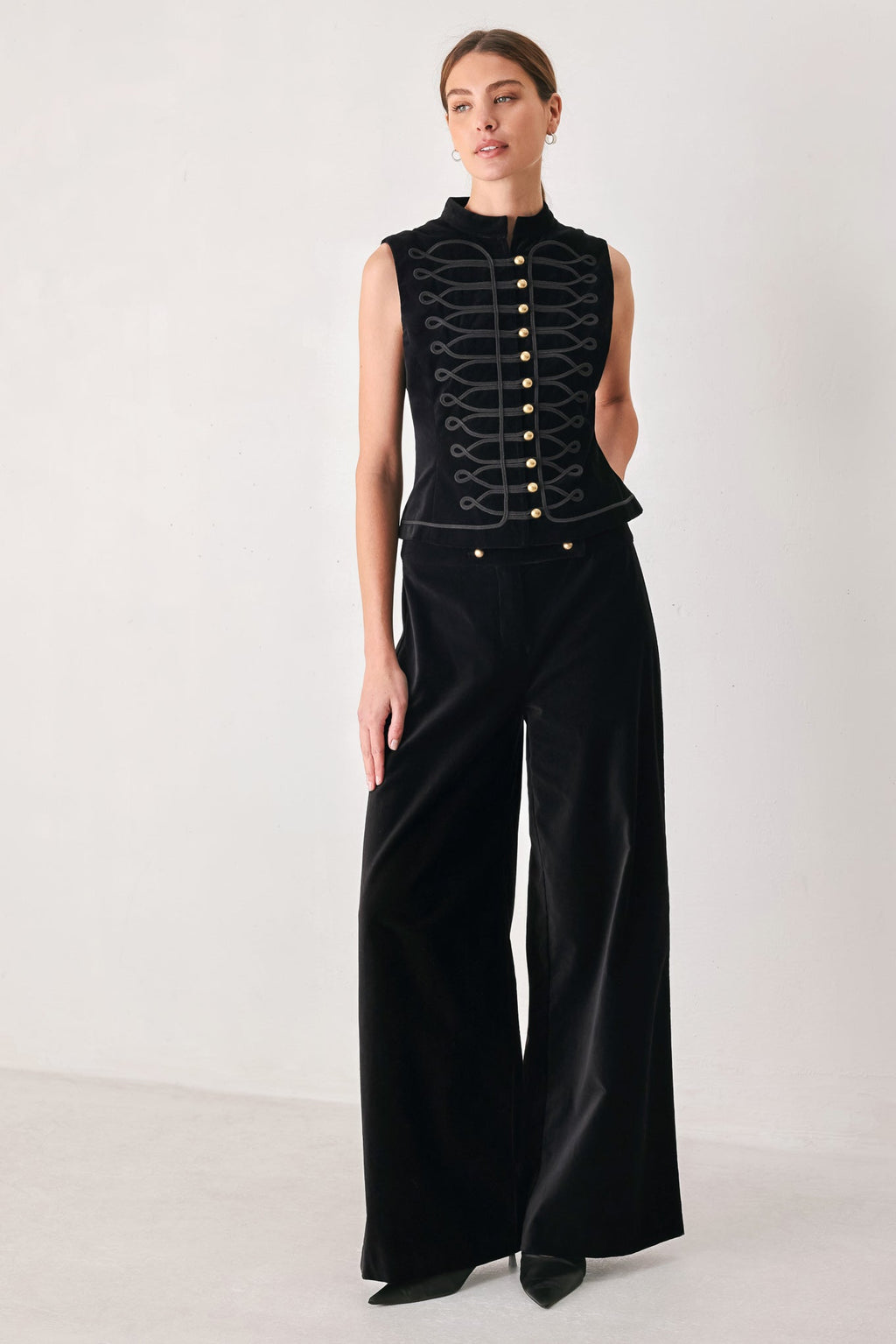 Velvet Command Black Button-Waist Wide-Leg Pants