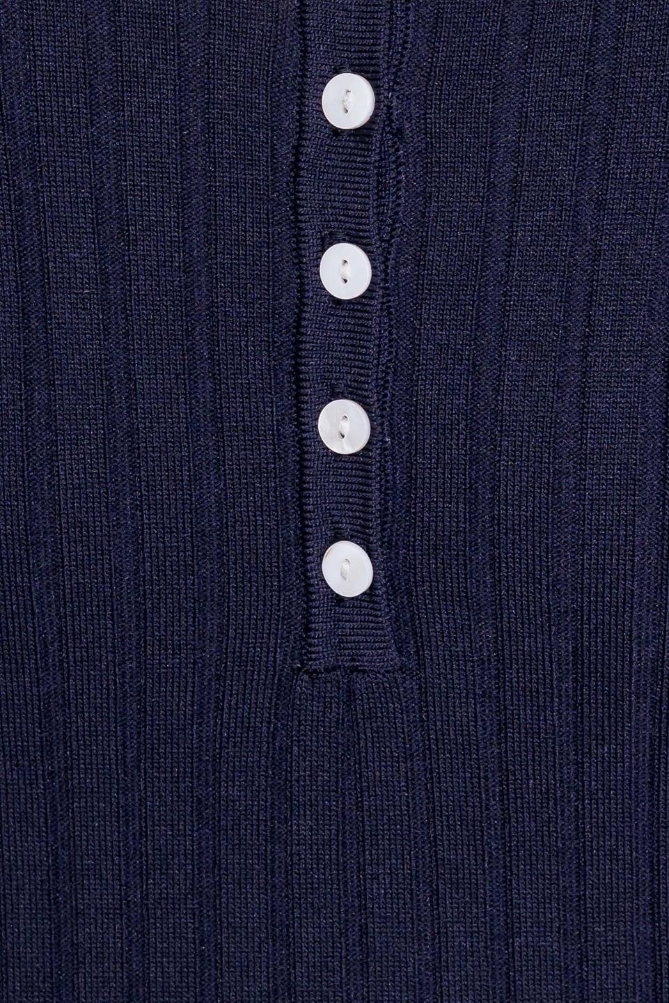 A navy ribbed sweater knit midi dress featuring collar, sleeveless and front button detail