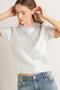 Moonlit Shimmer Silver Foil Short-Sleeve Sweater Top