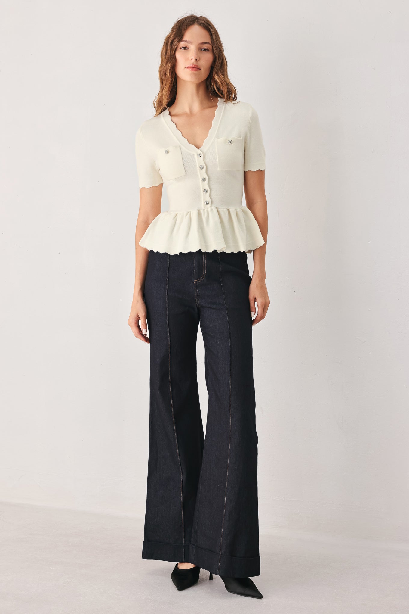 Frosted Cream Pocket-Detail Sweater Top
