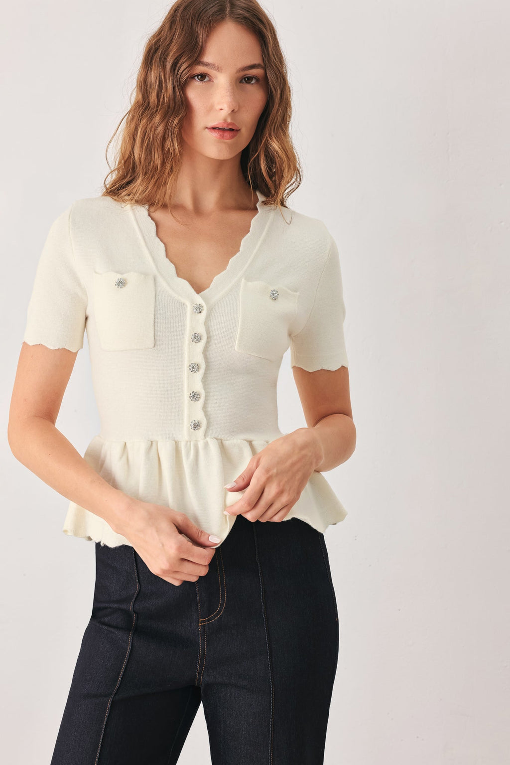 Frosted Cream Pocket-Detail Sweater Top