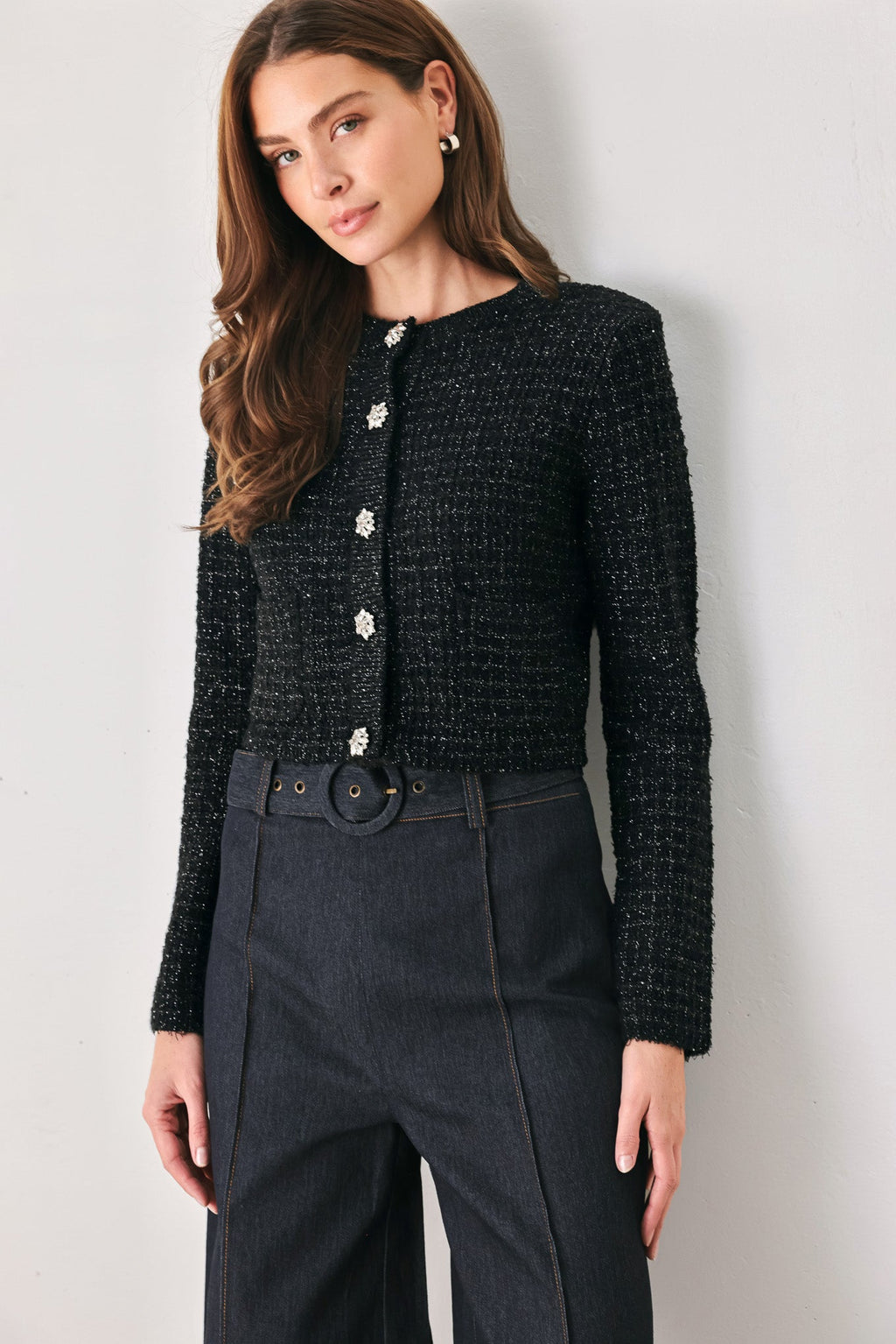 Jeweled Midnight Black Button-Down Cardigan