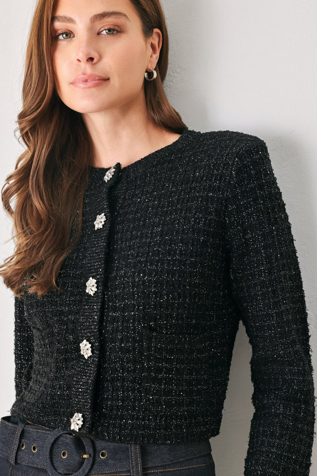 Jeweled Midnight Black Button-Down Cardigan