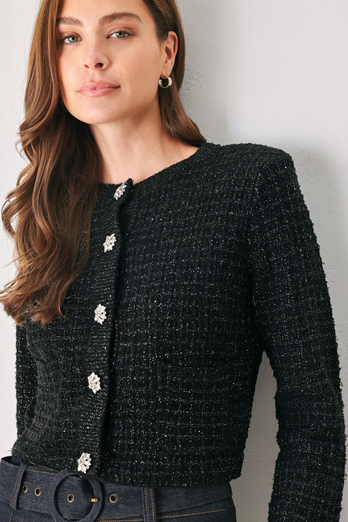 Jeweled Midnight Black Button-Down Cardigan