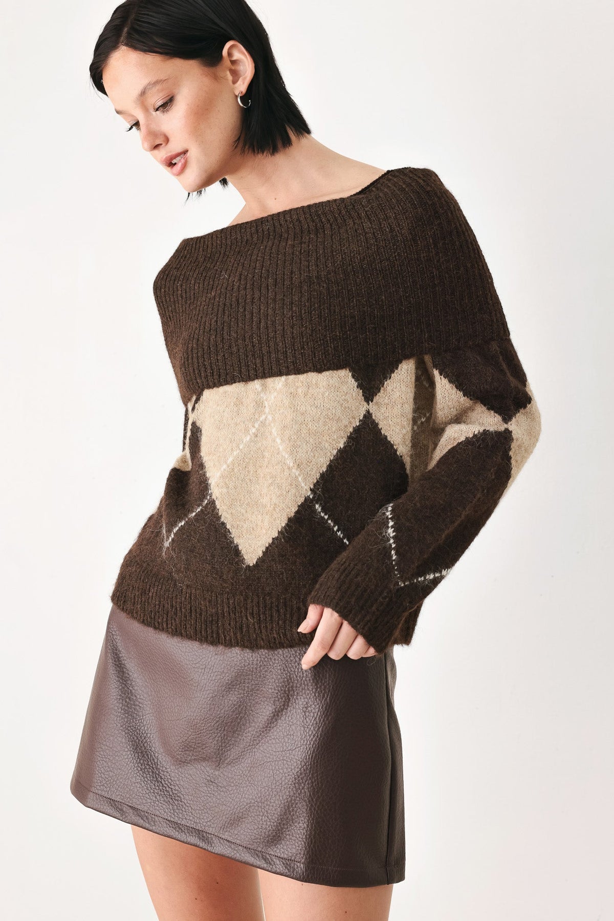 Cozy Moments Brown Argyle Cowl Neck Sweater