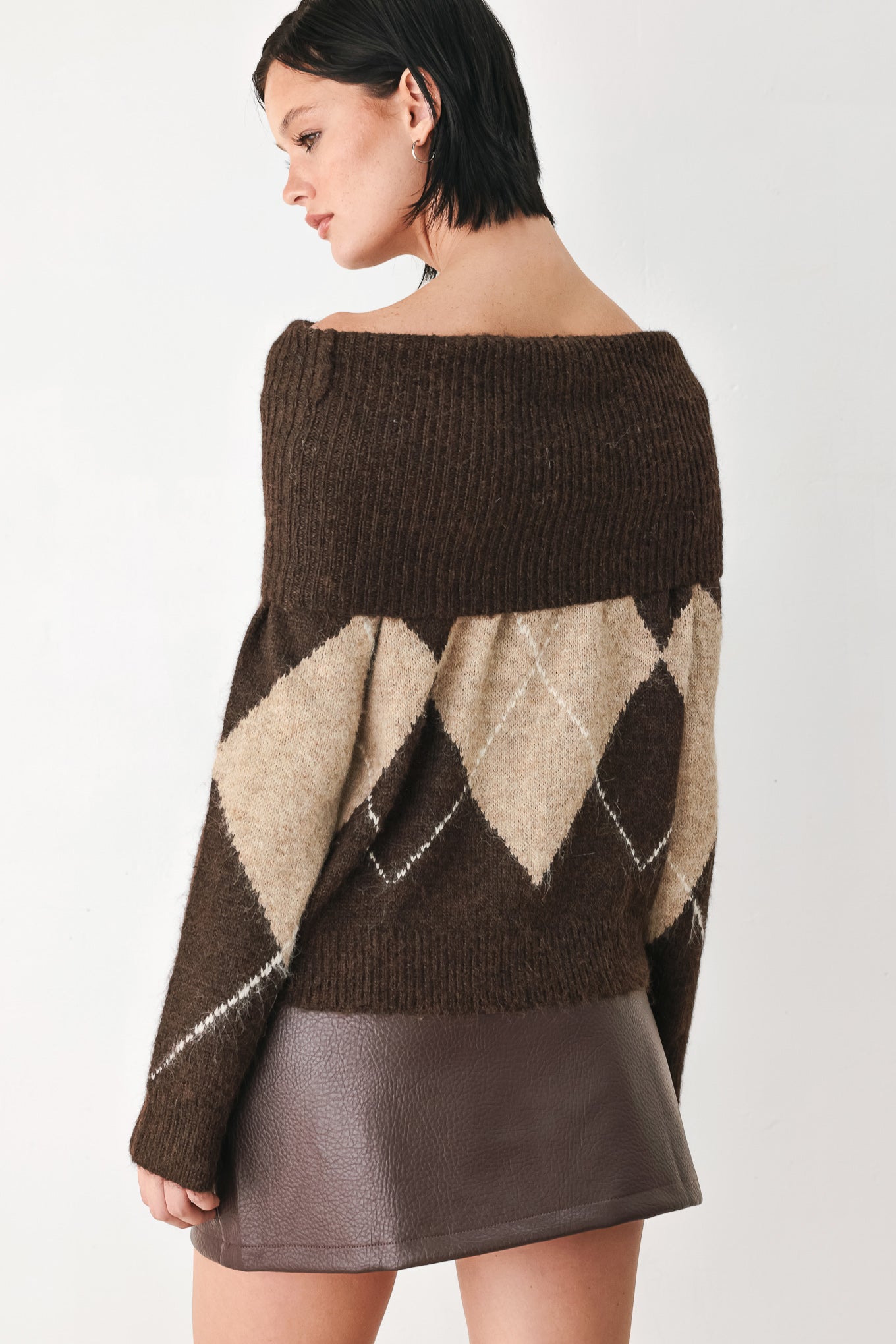 Cozy Moments Brown Argyle Cowl Neck Sweater
