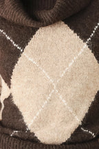 Cozy Moments Brown Argyle Cowl Neck Sweater