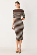 Trendy Chocolate Stripe Sweater Midi Dress