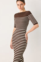Trendy Chocolate Stripe Sweater Midi Dress