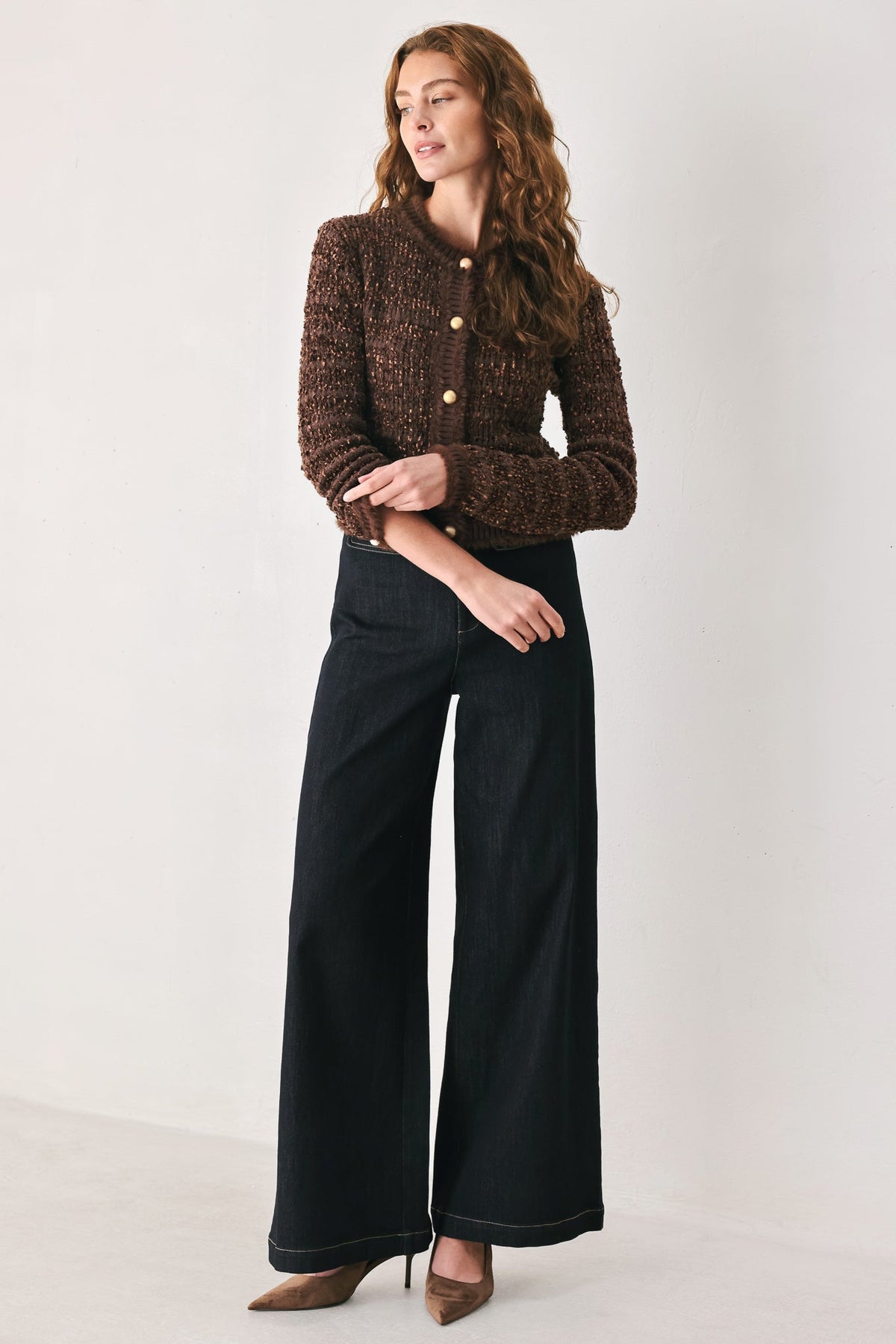Gemstone Glow Brown Jewel-Button Cropped Cardigan
