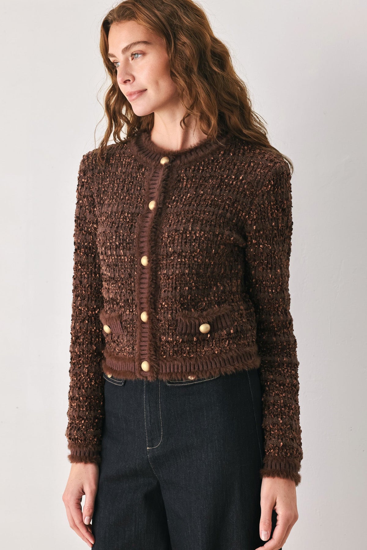 Gemstone Glow Brown Jewel-Button Cropped Cardigan