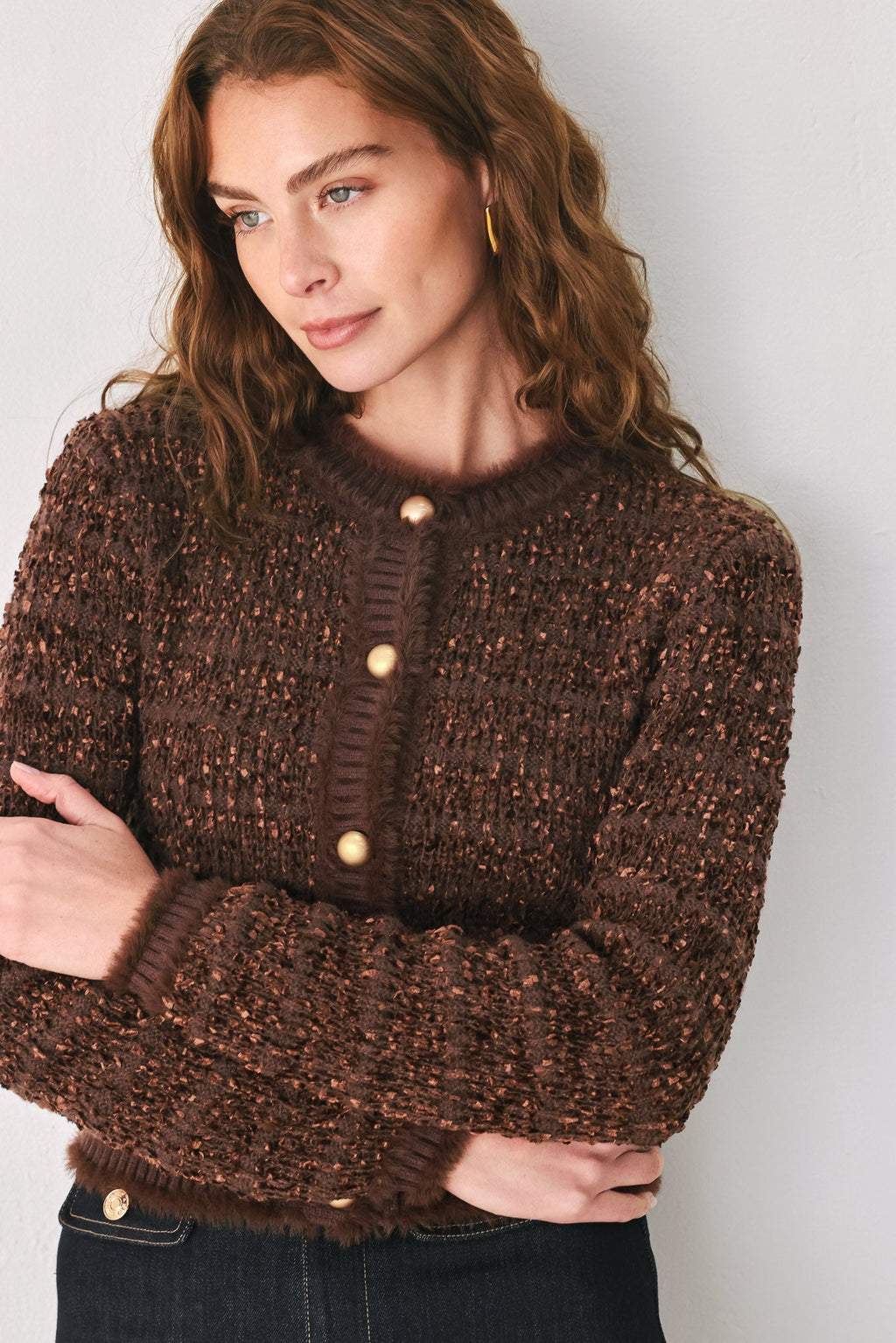 Gemstone Glow Brown Jewel-Button Cropped Cardigan