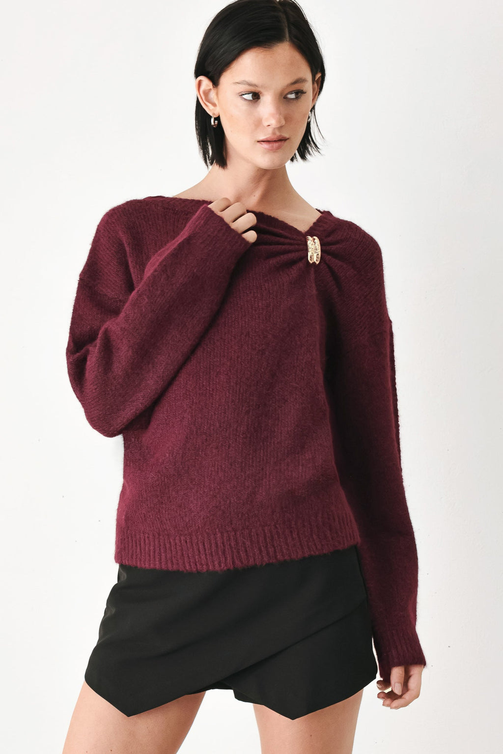 Fireside Charm Cinched Neck Sweater