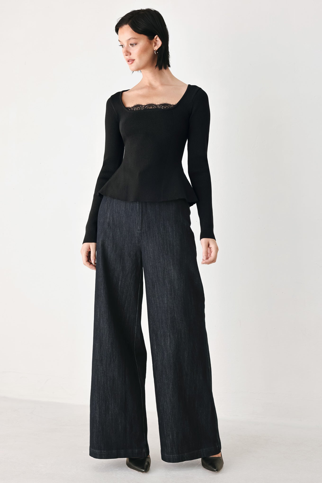 Sweet Devotion Black Lace-Trim Square Neck Sweater