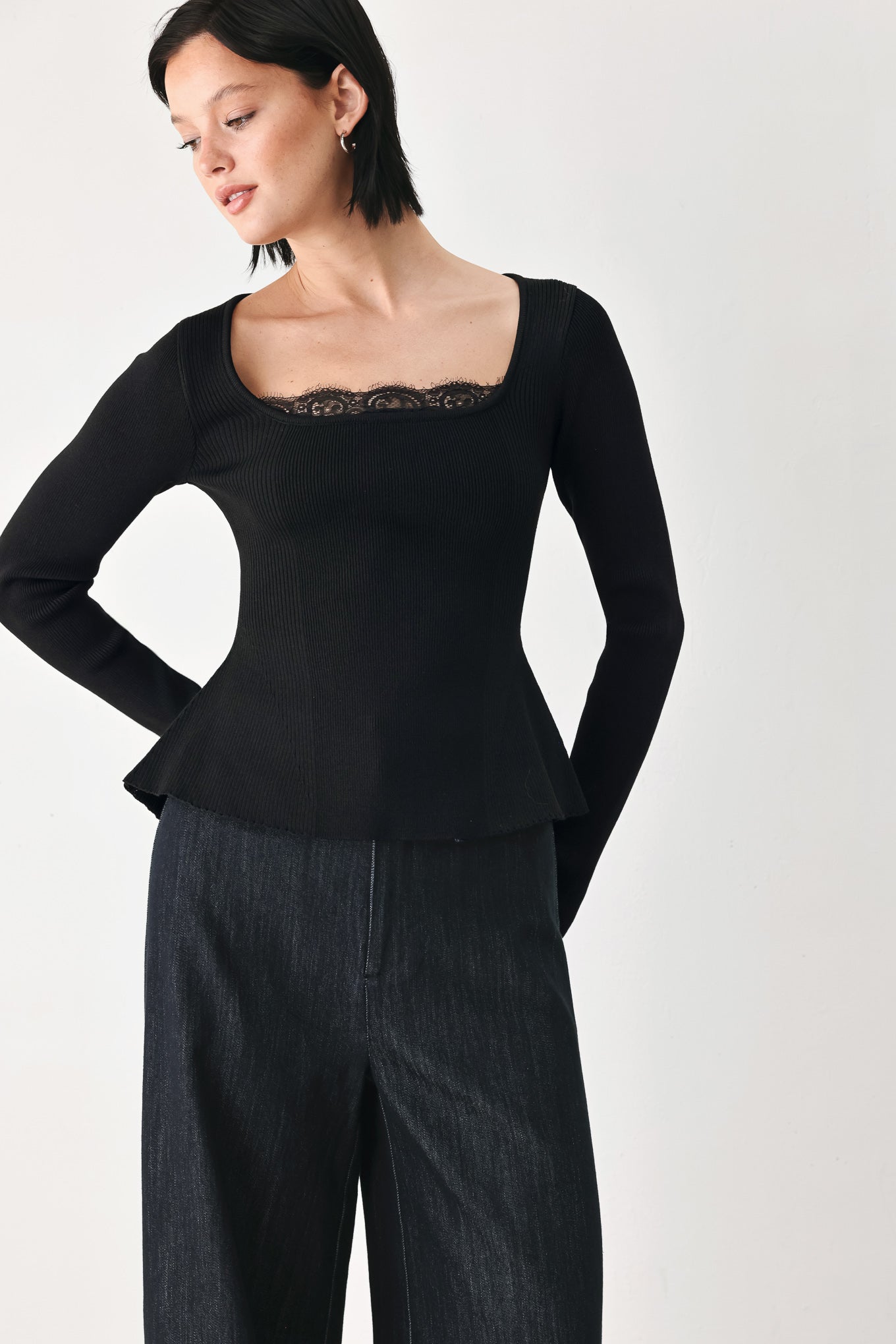 Sweet Devotion Black Lace-Trim Square Neck Sweater