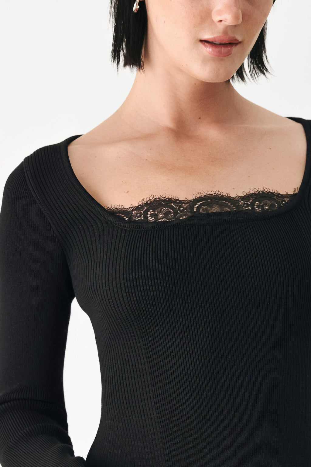 Sweet Devotion Black Lace-Trim Square Neck Sweater
