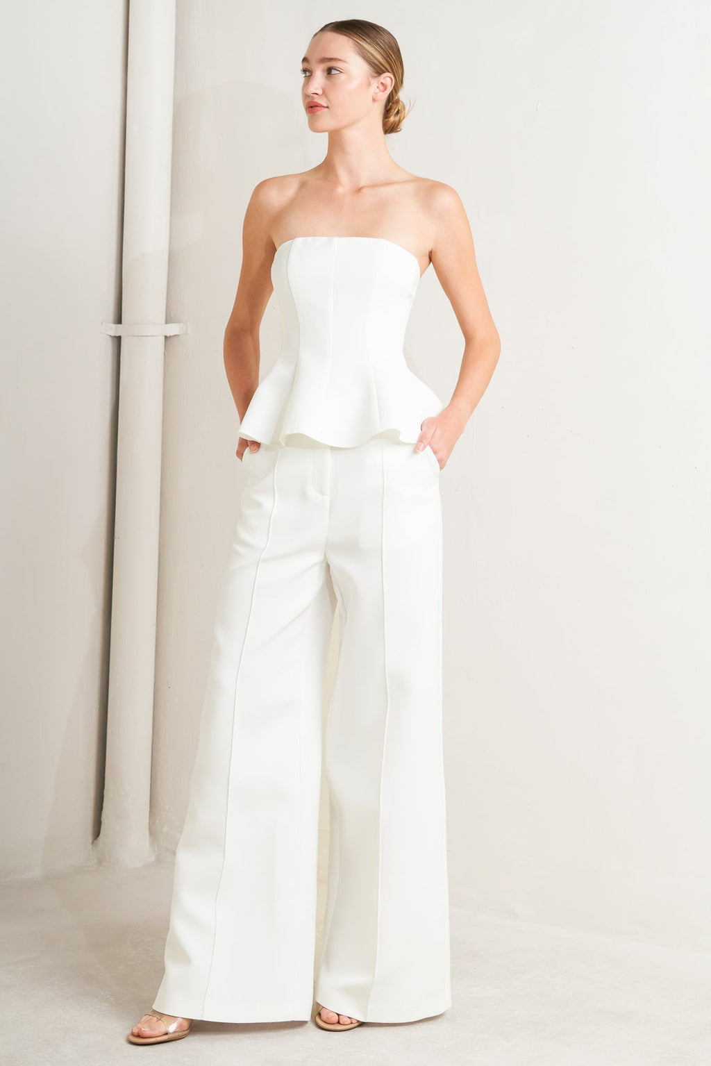 white strapless peplum top