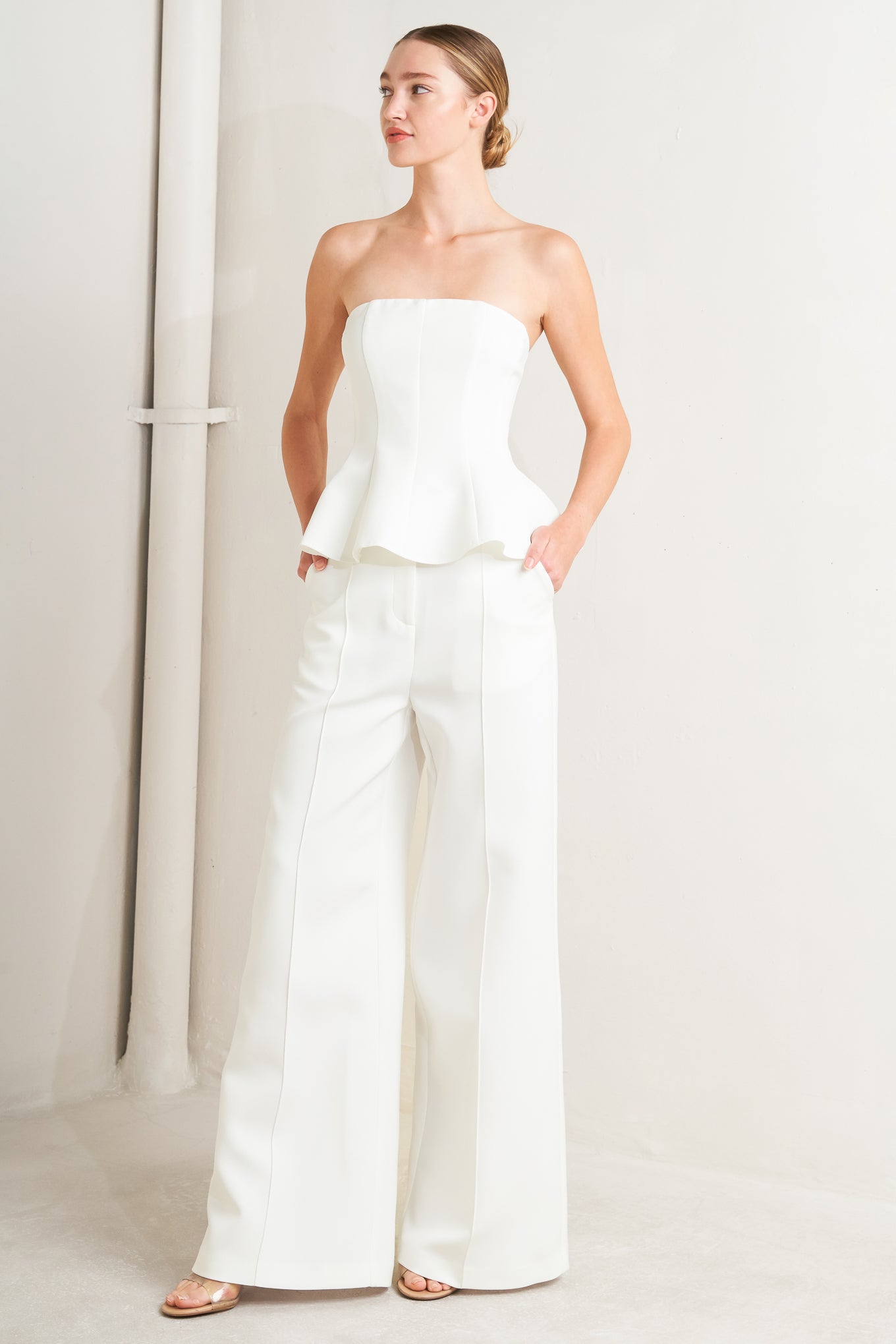 white strapless peplum top