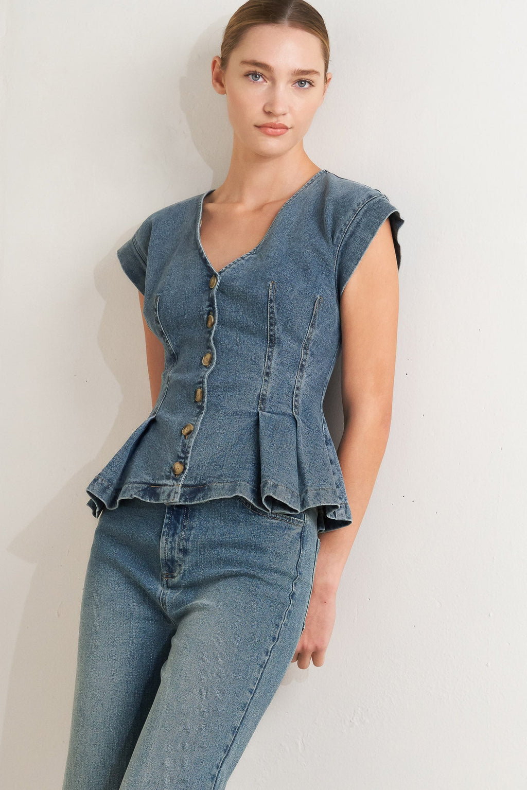 NO SECOND THOUGHT WASHED DENIM TOP