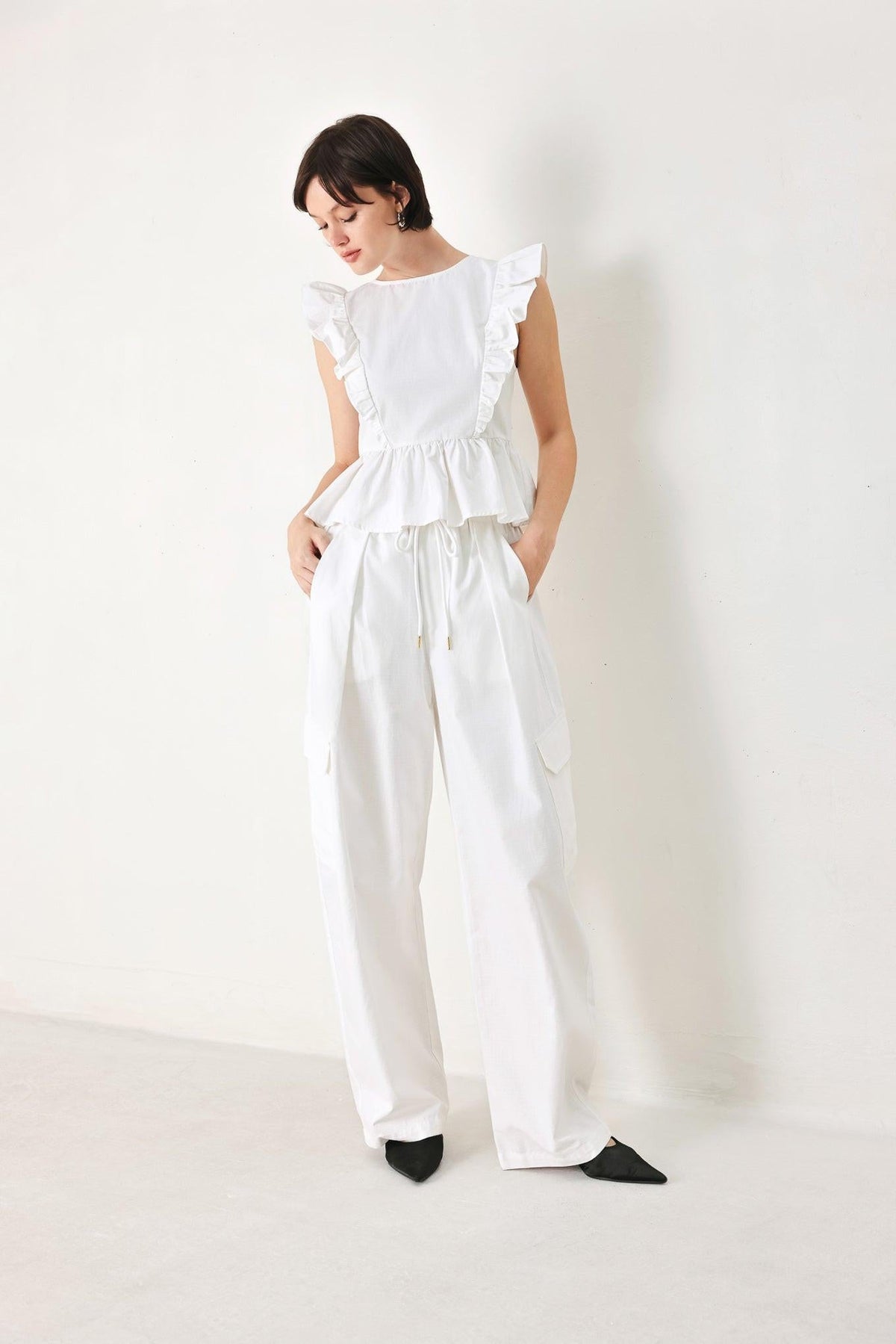 White Blossom Cotton Ruffle Peplum Top
