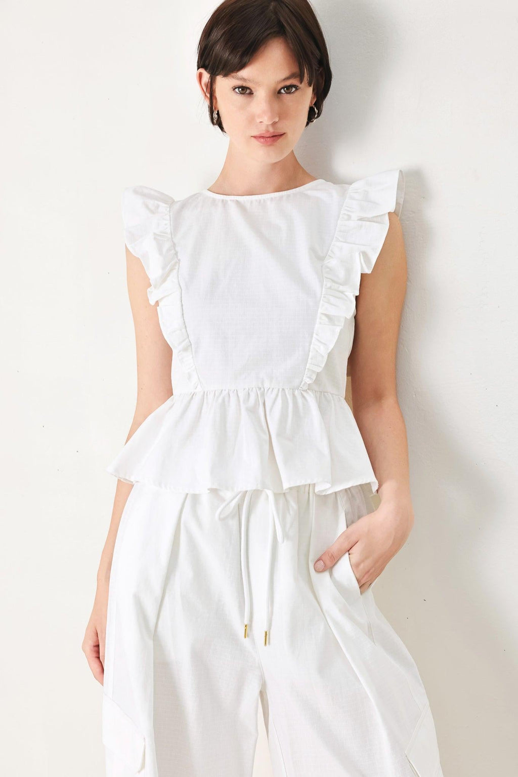 White Blossom Cotton Ruffle Peplum Top