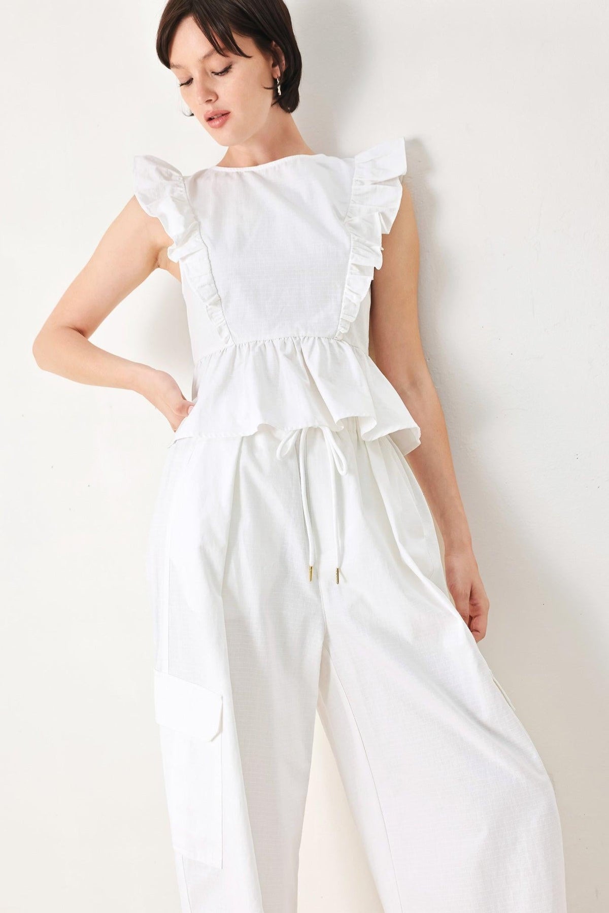 White Blossom Cotton Ruffle Peplum Top