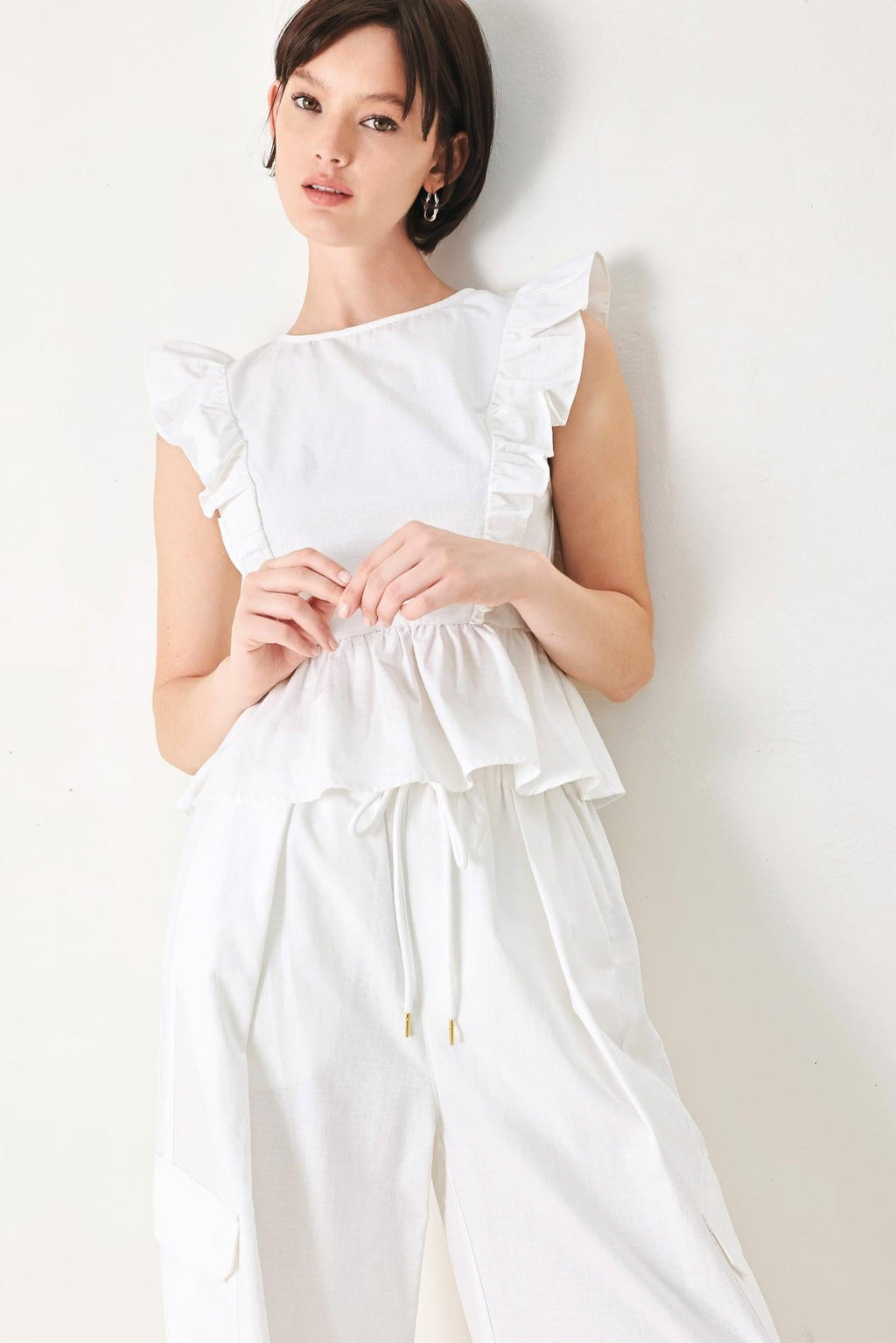White Blossom Cotton Ruffle Peplum Top