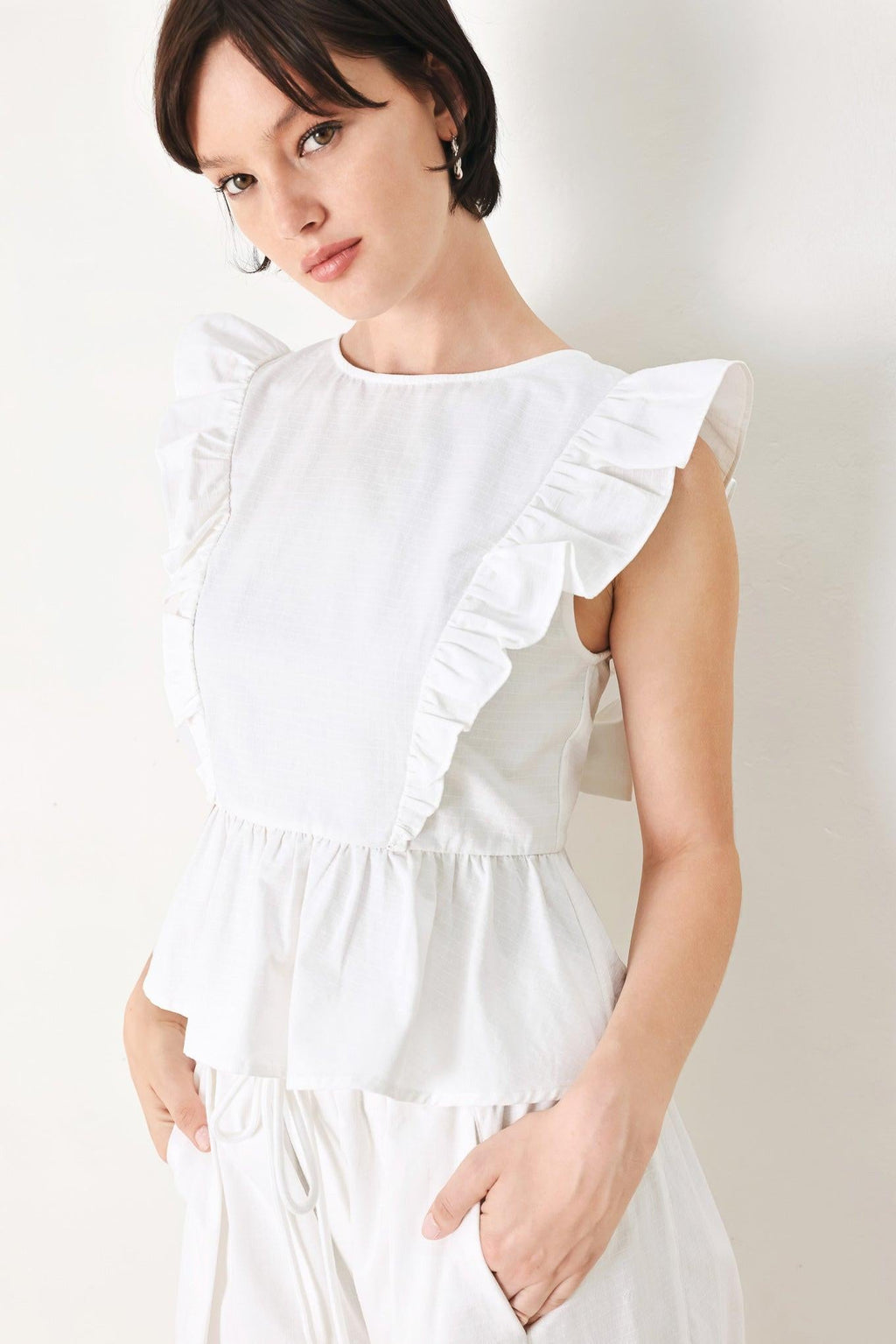 White Blossom Cotton Ruffle Peplum Top