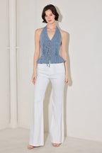 RETRO RISE HALTER DENIM TOP