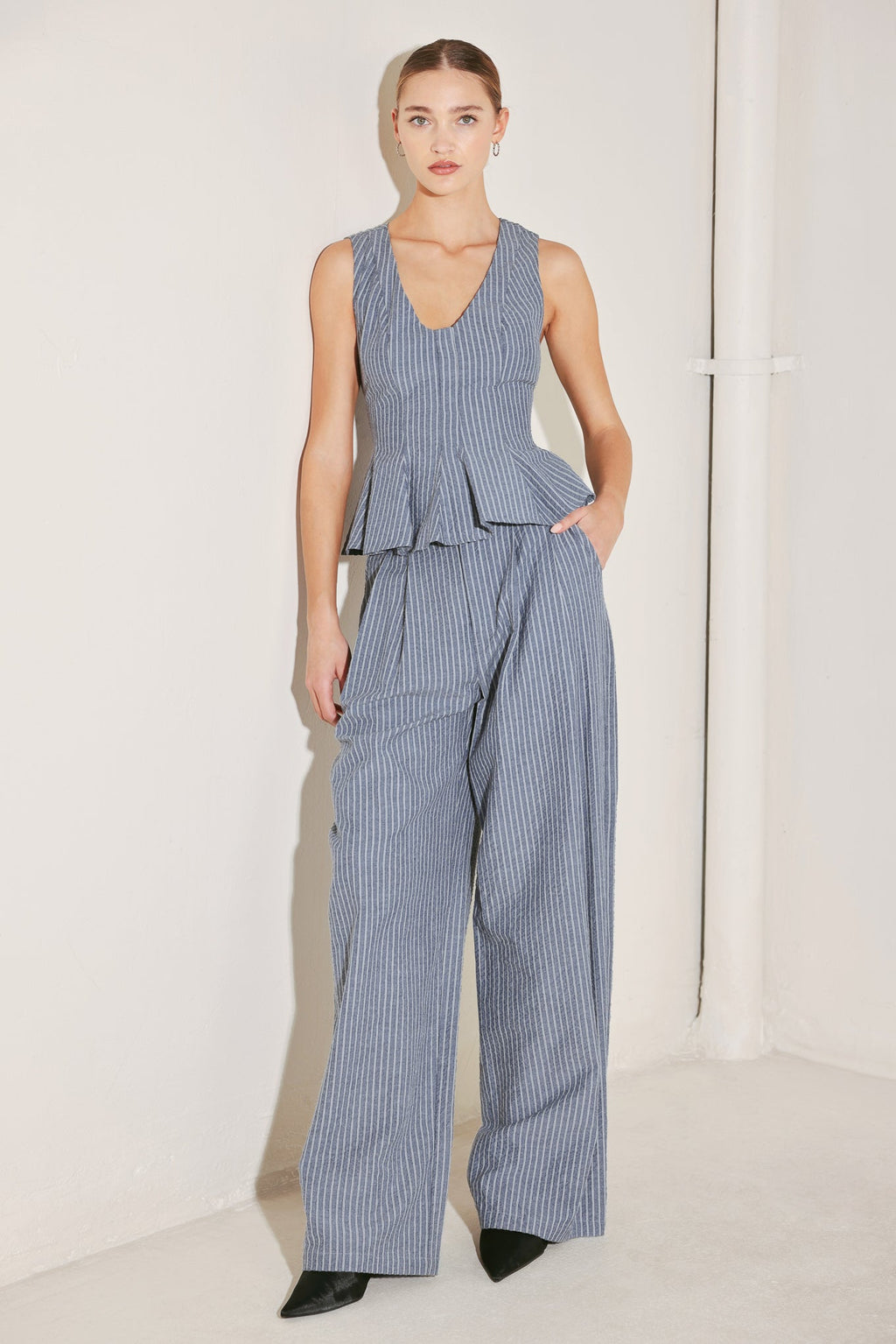 MARINA PINSTRIPE WOVEN TOP