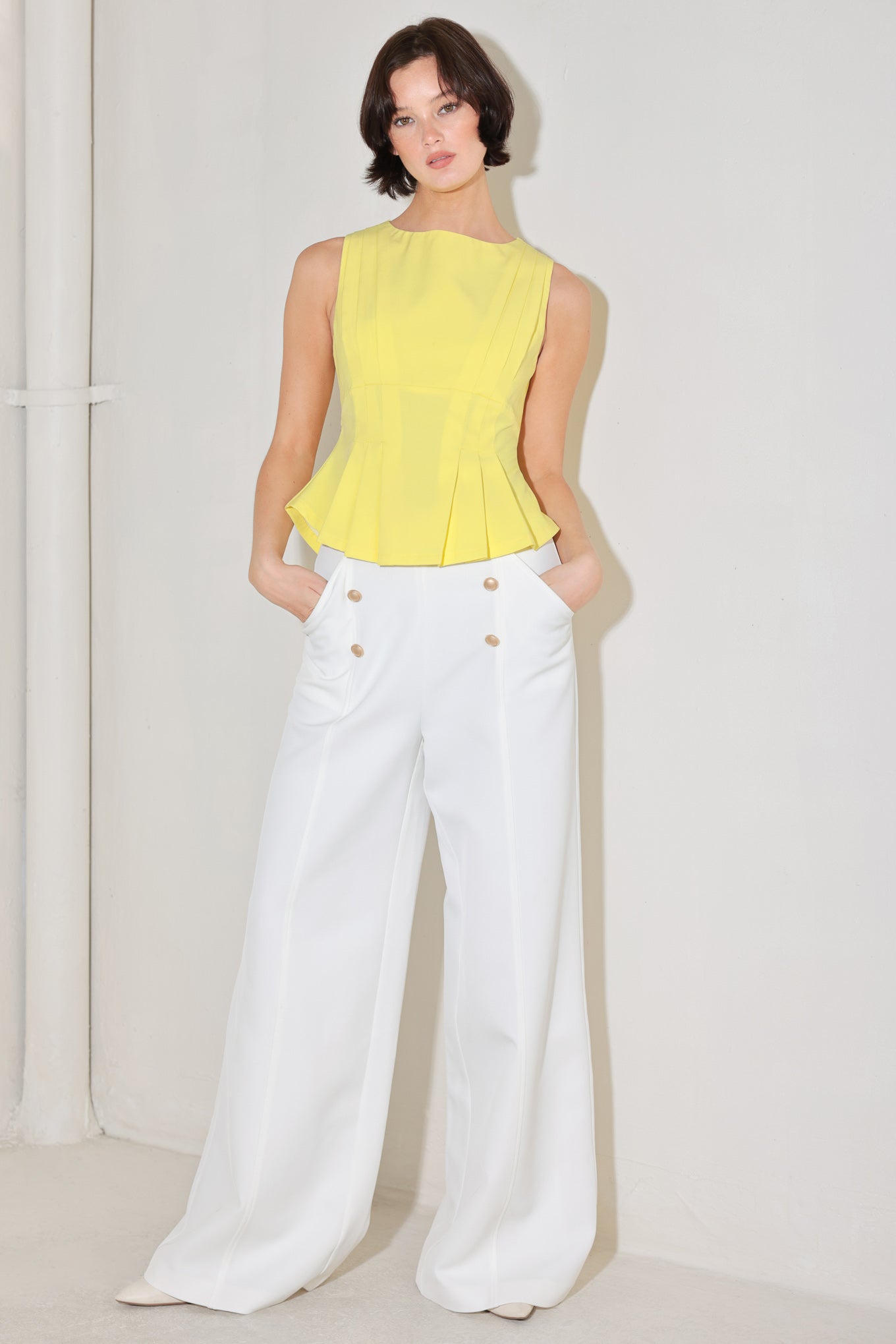 MODERN SHAPE YELLOW WOVEN TOP