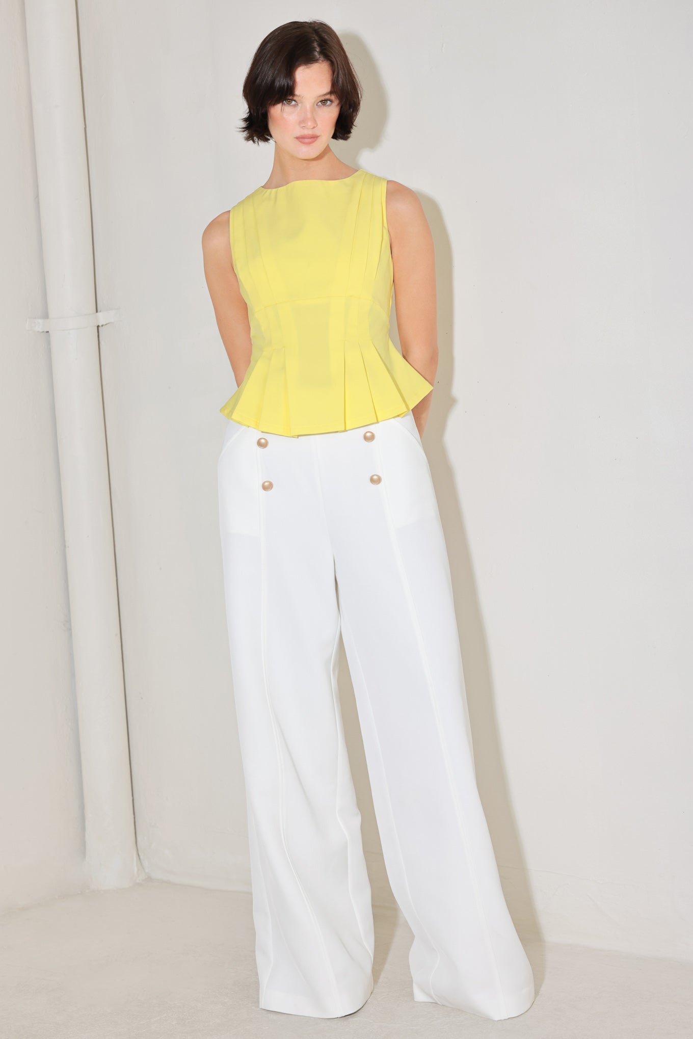 MODERN SHAPE YELLOW WOVEN TOP