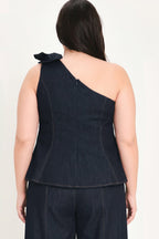 Indigo Bow One Shoulder Denim Top