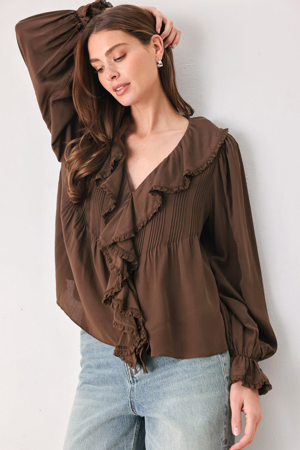 Earthbound Romance Brown Ruffle Pintuck Blouse