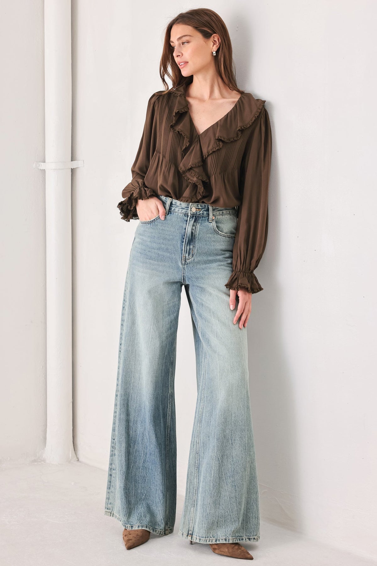 Earthbound Romance Brown Ruffle Pintuck Blouse