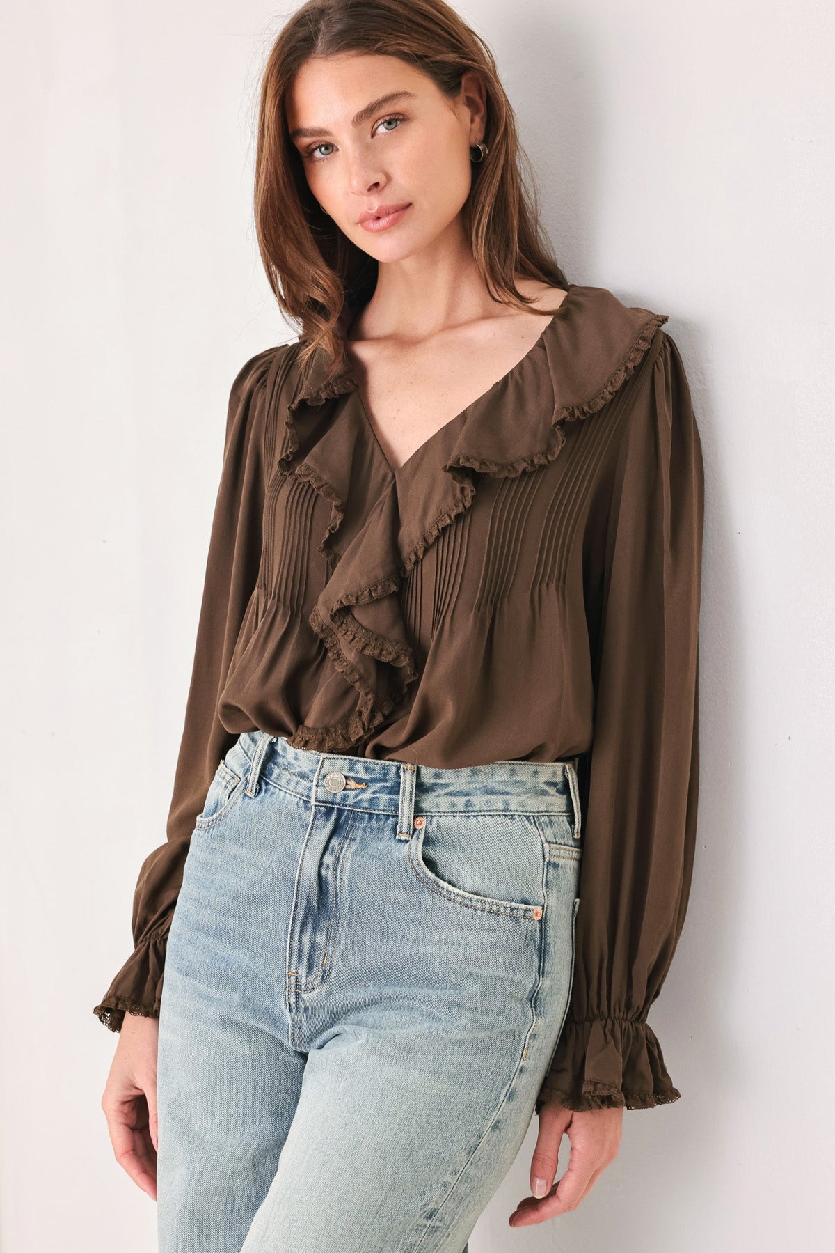 Earthbound Romance Brown Ruffle Pintuck Blouse
