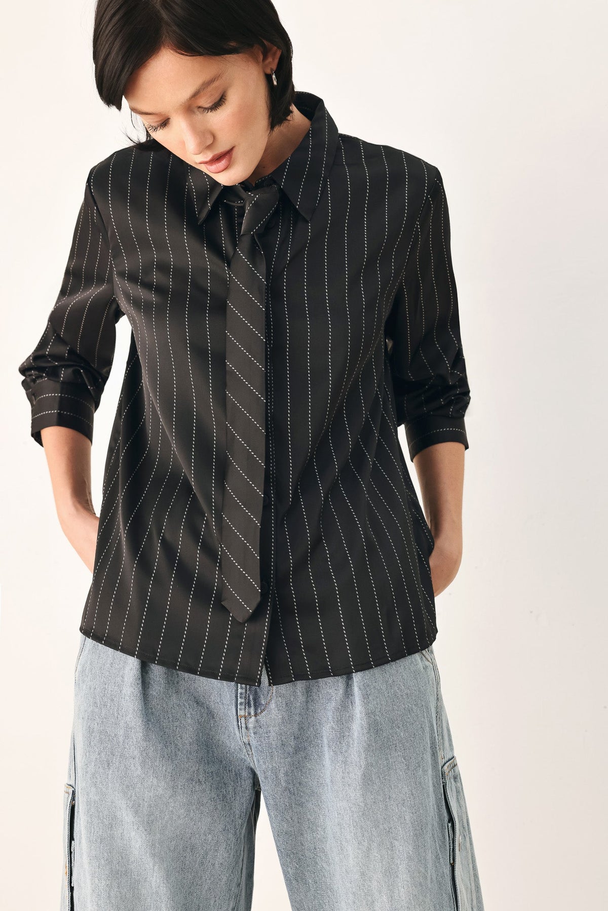 City After Dark Tie-Front Striped Top