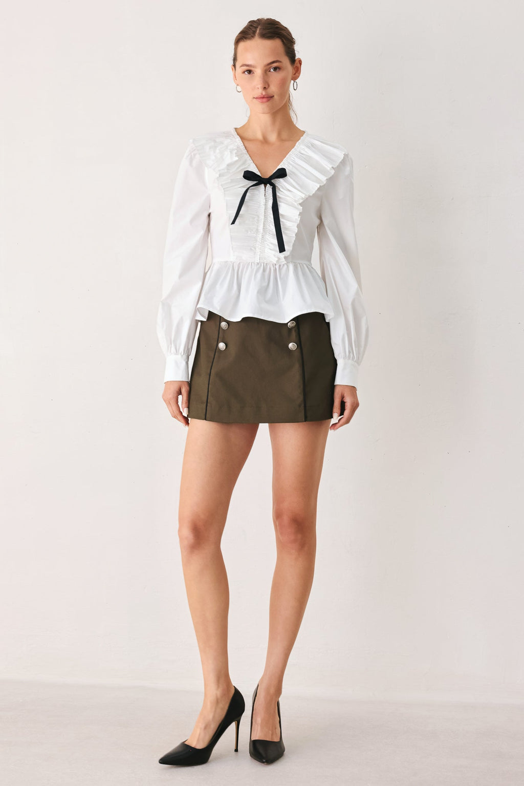 Amelie Pleated Ruffle V-Neck Top