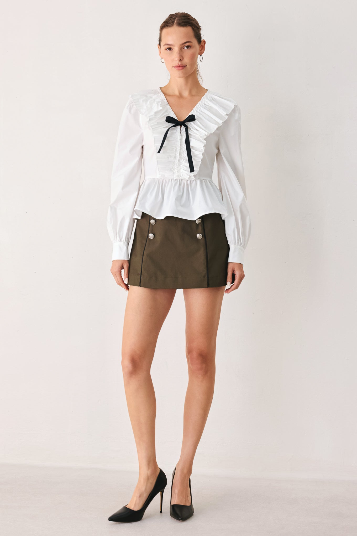 Amelie Pleated Ruffle V-Neck Top