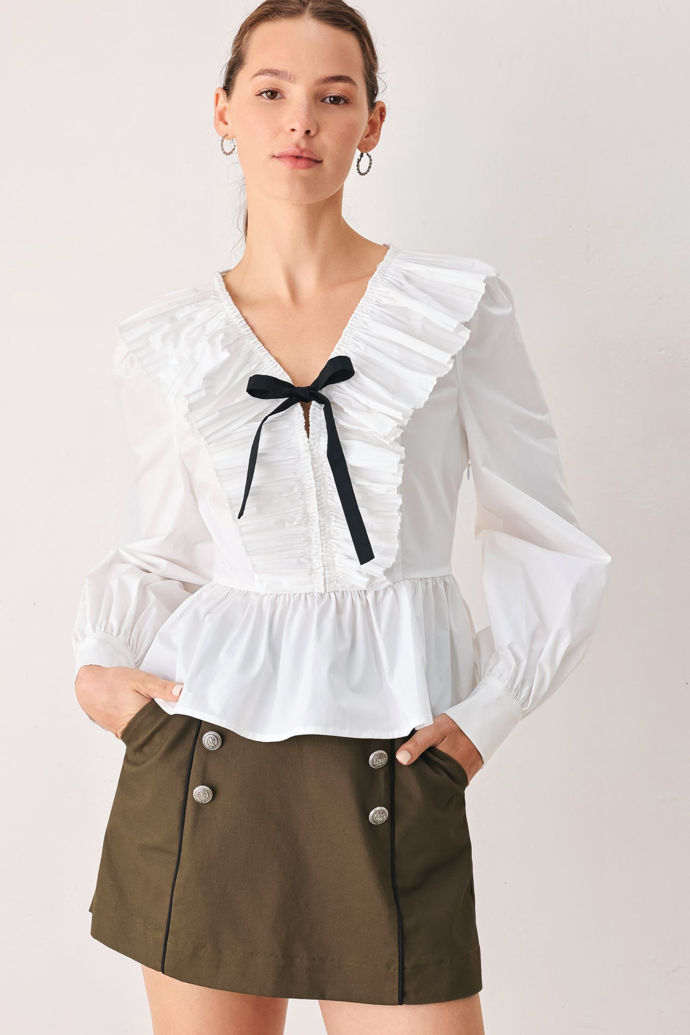 Amelie Pleated Ruffle V-Neck Top