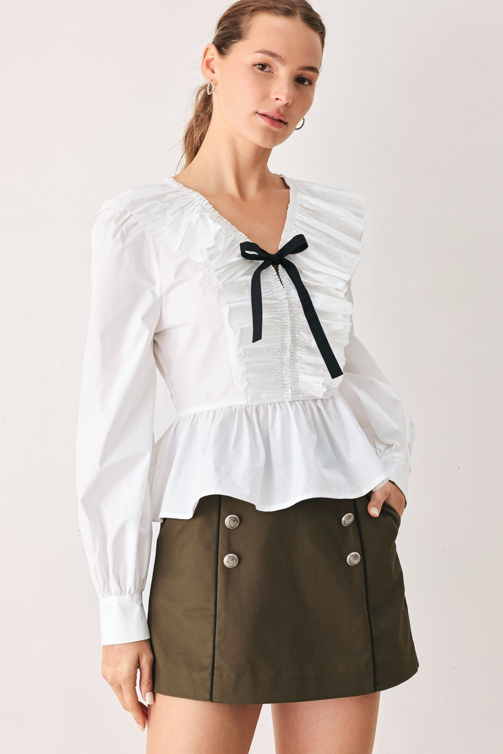 Amelie Pleated Ruffle V-Neck Top